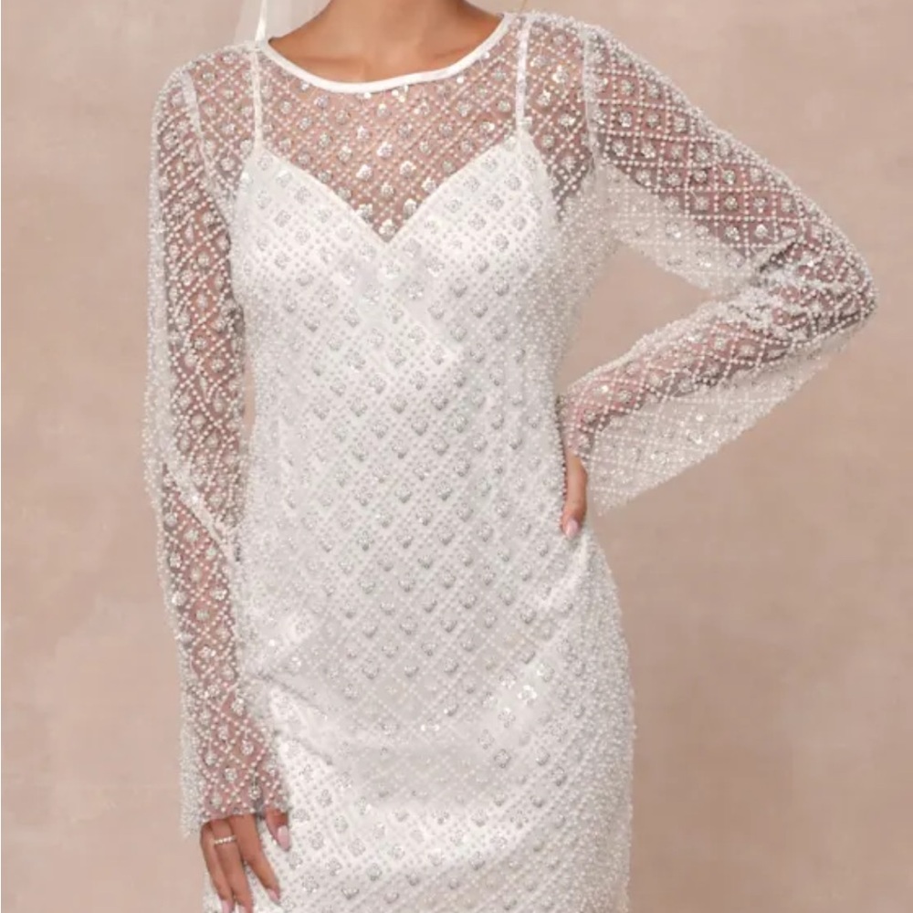 Lulu's White Beaded Long-Sleeve Sheath Dress